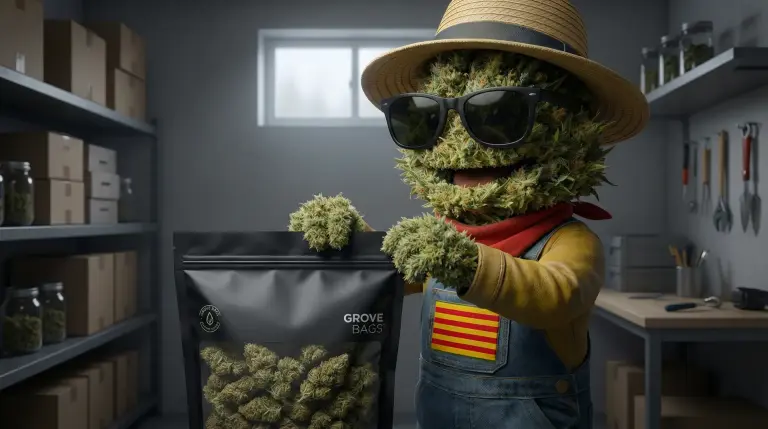 Producteur CBD Widaki scellant un sac Grove Bags TerpLoc pour l'affinage des fleurs de CBD