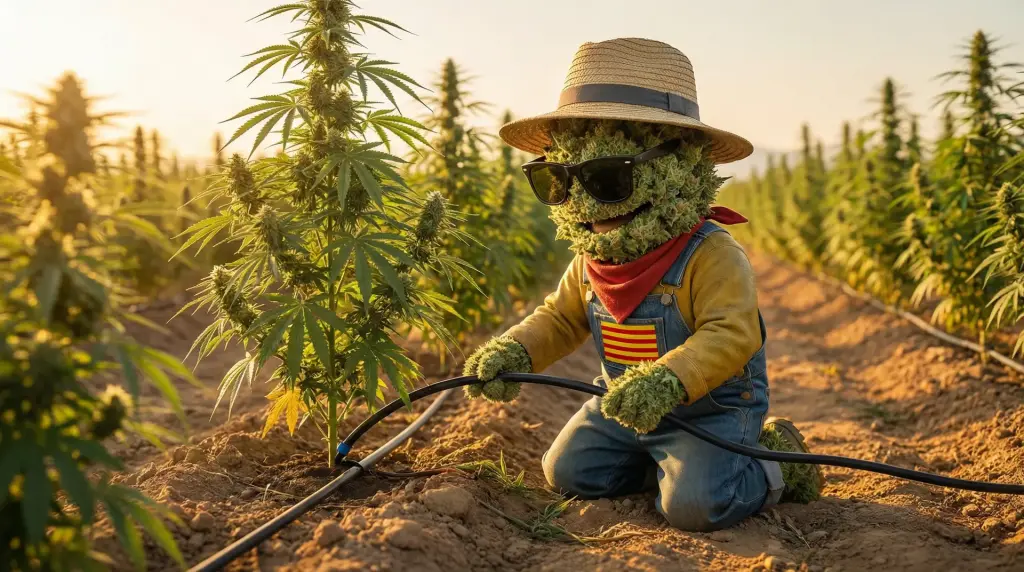 Producteur arrosant un plant de chanvre CBD en plein champ depuis un forage, Pyrénées-Orientales