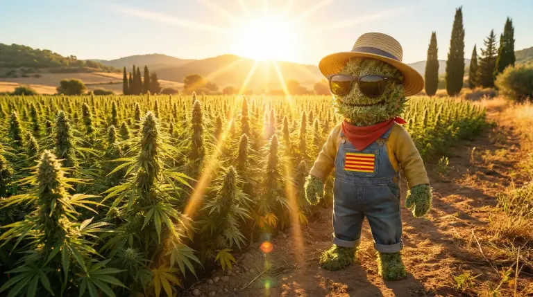Producteur CBD local Perpignan devant sa parcelle de chanvre outdoor en floraison dans les Pyrénées-Orientales