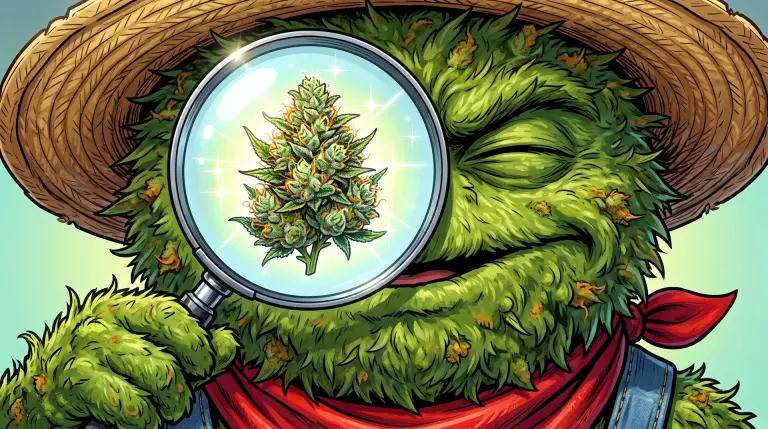 cbg fleur cbd outdoor examinée à la loupe, biosynthèse cannabinoïdes pleine terre Pyrénées-Orientales