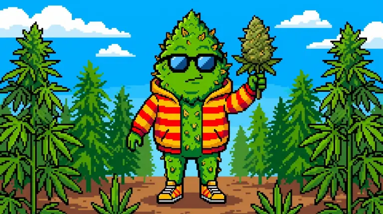 CBG dans une fleur de CBD outdoor cultivée en pleine terre sous le soleil catalan, pixel art Widaki