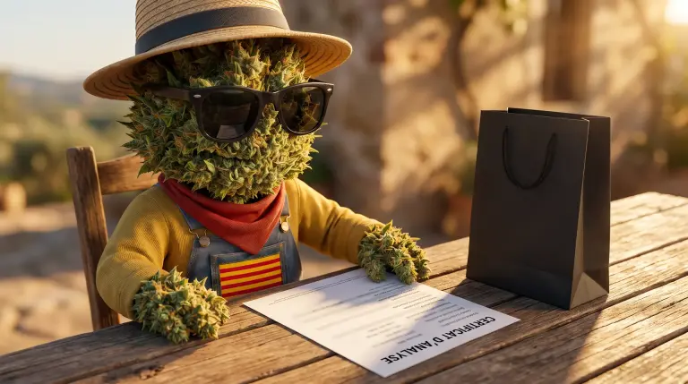 Producteur Widaki lisant un certificat d'analyse de fleurs de CBD à la lumière dorée de plein air.