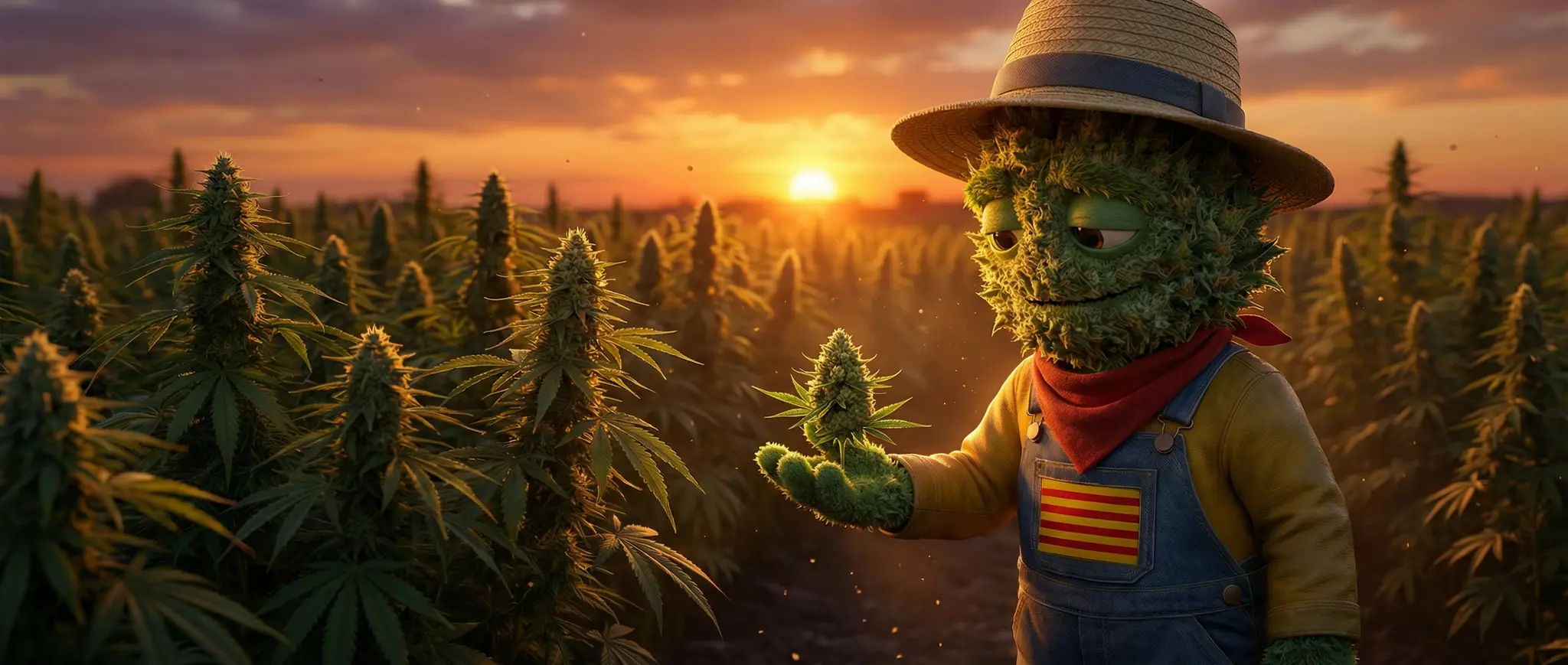 Producteur choisissant une fleur de CBD outdoor selon son profil terpénique au coucher du soleil catalan