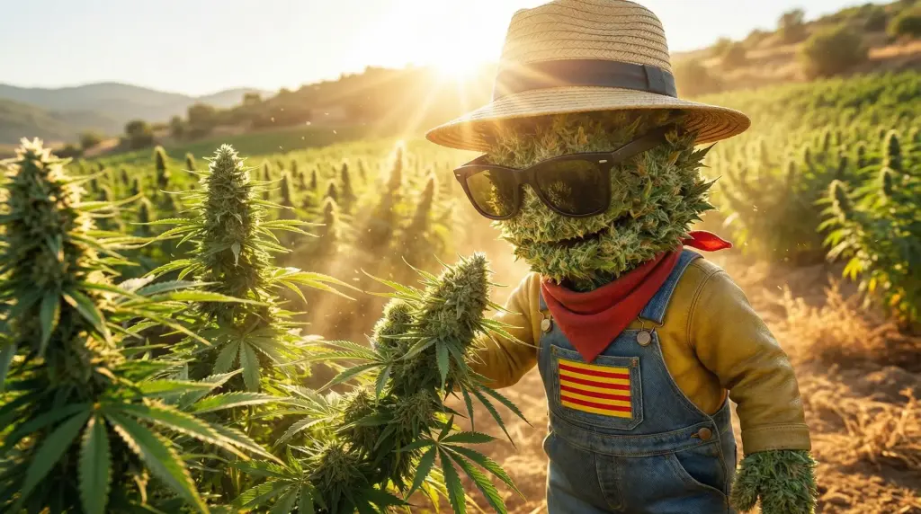 Producteur inspectant une fleur CBD full spectrum en plein champ catalan pour l'effet entourage