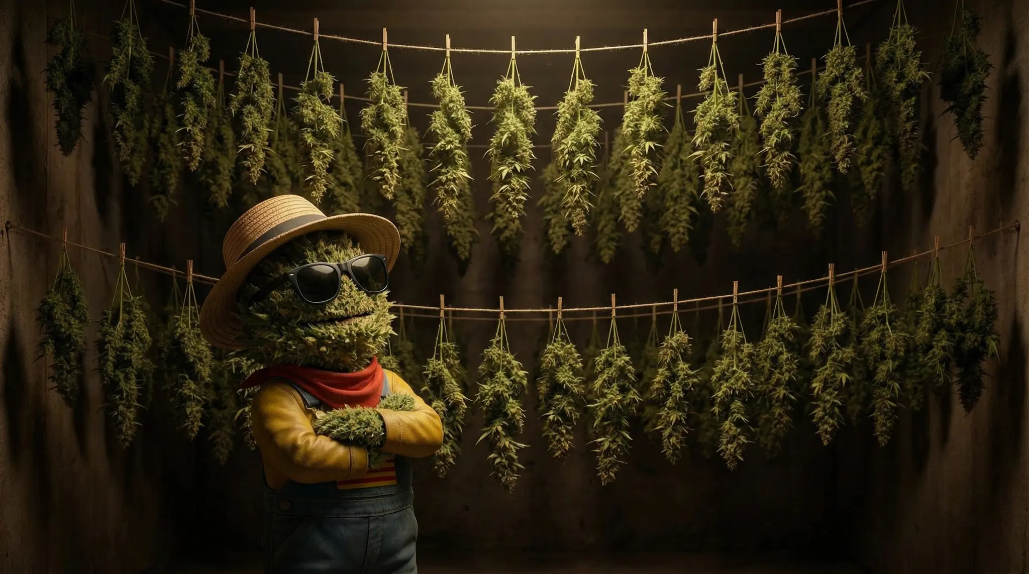 Espace de séchage CBD obscurité totale avec branches de chanvre suspendues – Ferme Widaki