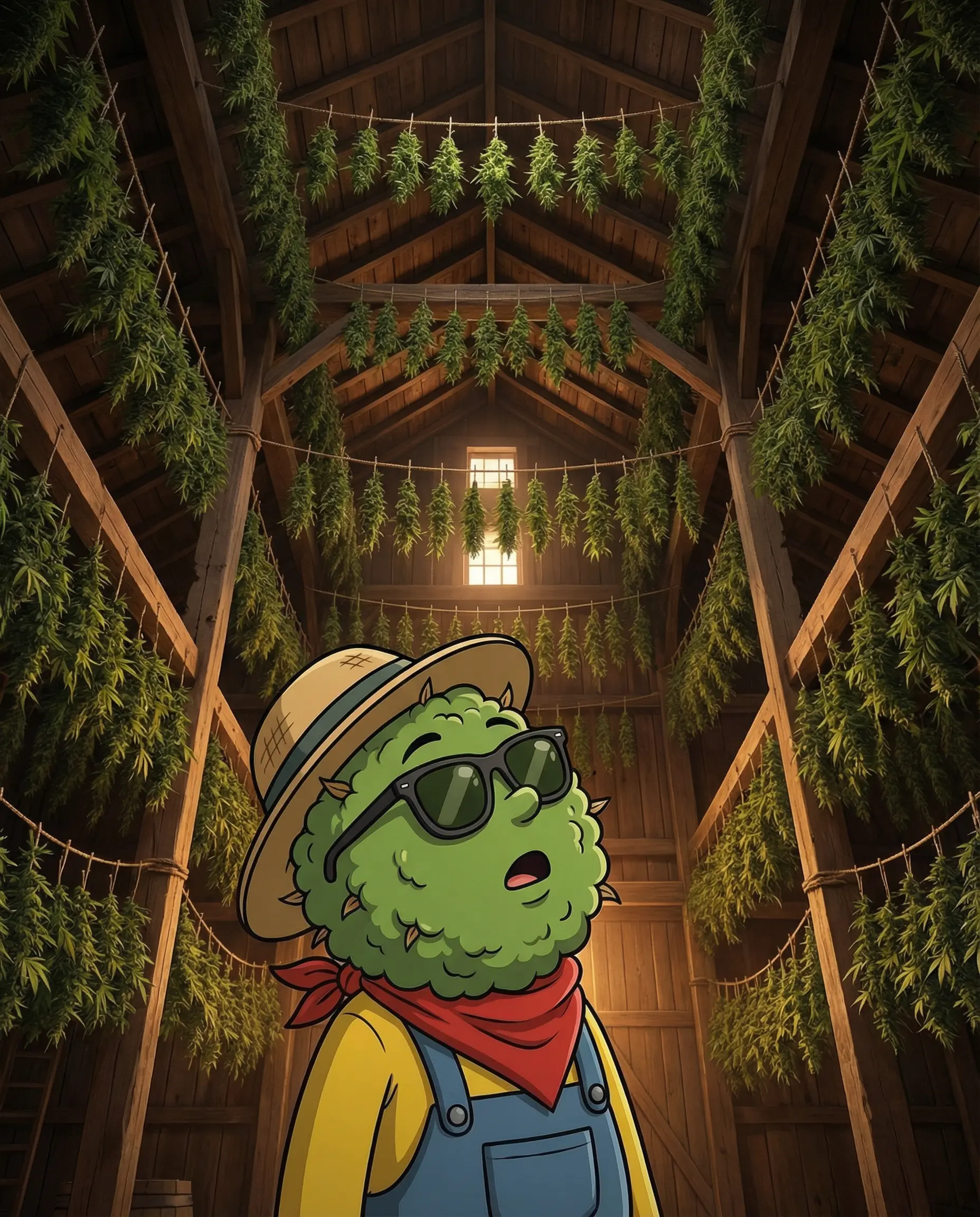 Rangées de fleurs de CBD en séchage suspendu dans l'espace Widaki de 120m²