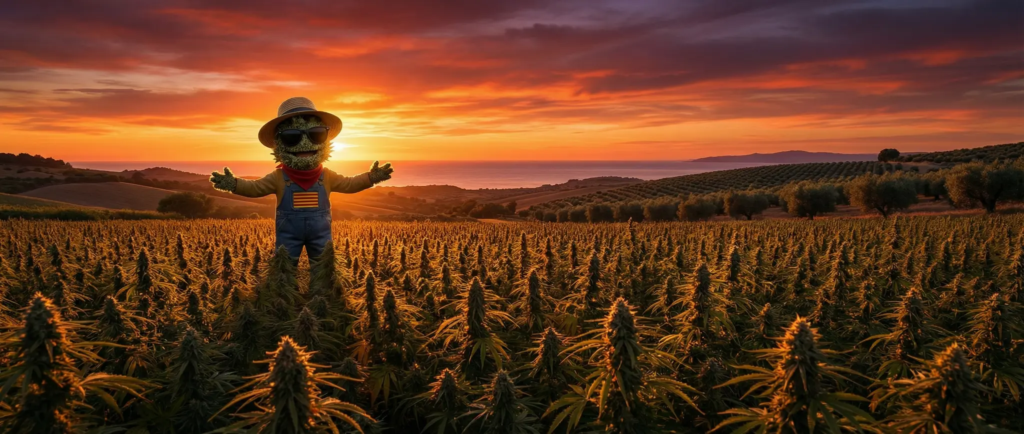 Ferme Widaki à sunset, producteur CBD en plein champ dans les Pyrénées-Orientales au milieu des plants de chanvre