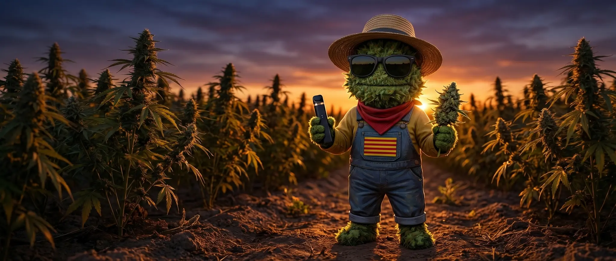 Producteur Widaki avec fleurs CBD outdoor et vaporisateur dans sa parcelle de Perpignan au coucher du soleil