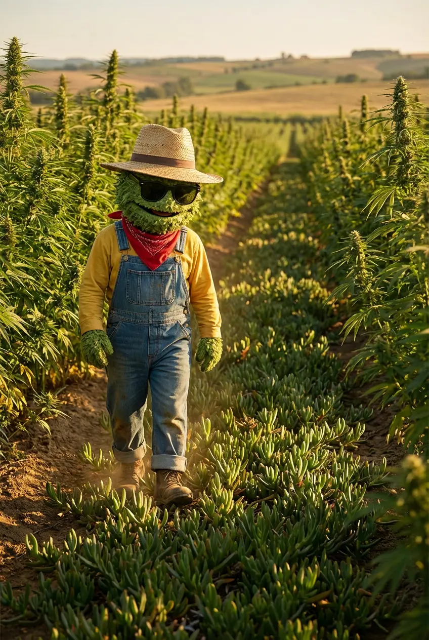 Producteur CBD Widaki observant la flore adventice naturelle entre les rangs de chanvre en plein champ
