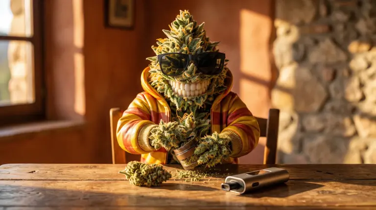 Vaporisation des fleurs de CBD : broyage à la main avec grinder, fleur entière et vaporisateur posés sur surface en bois, lumière dorée catalane.
