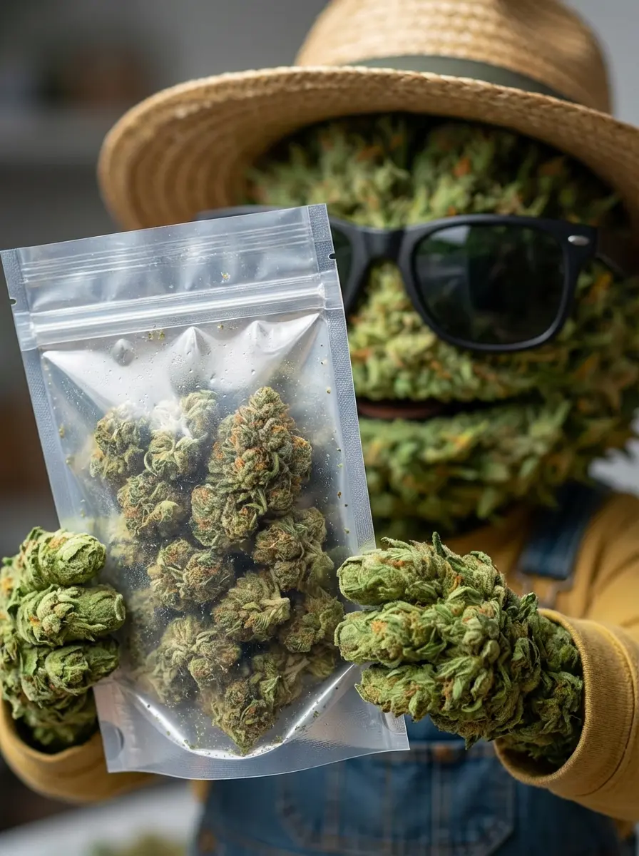 Inspection d'une Grove Bag TerpLoc remplie de fleurs de CBD par le producteur Widaki