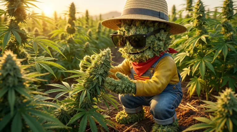 biocontrôle chanvre CBD pleine terre à Perpignan, producteur inspectant ses fleurs sans pesticide