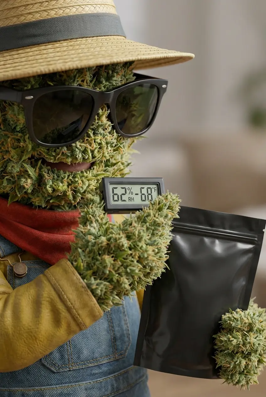 Hygromètre indiquant 62% d'humidité relative pour la conservation des fleurs de CBD en Grove Bags