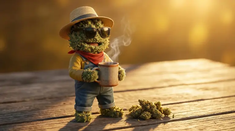 Infusion de fleurs de CBD tenue par le producteur Widaki, vapeur s'élevant du mug