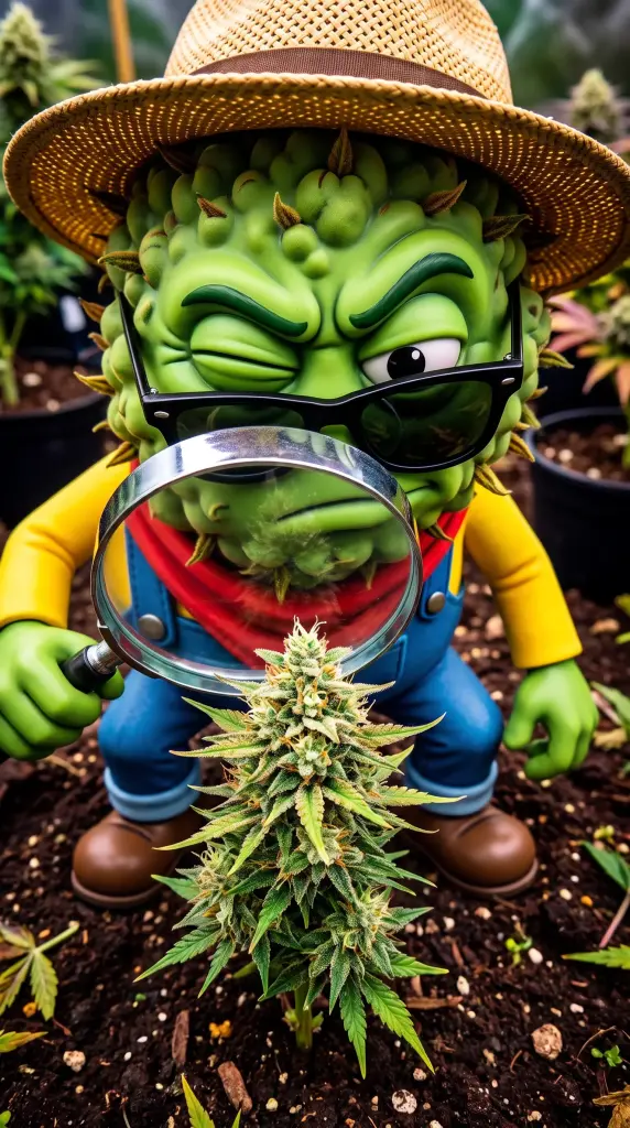 producteur outdoor inspecte une fleur de chanvre CBD à la loupe, Pyrénées-Orientales