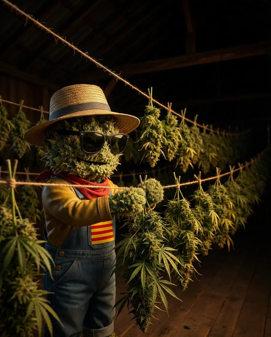 Espace de séchage artisanal Widaki avec branches de chanvre CBD sur trois niveaux de ficelles espacées