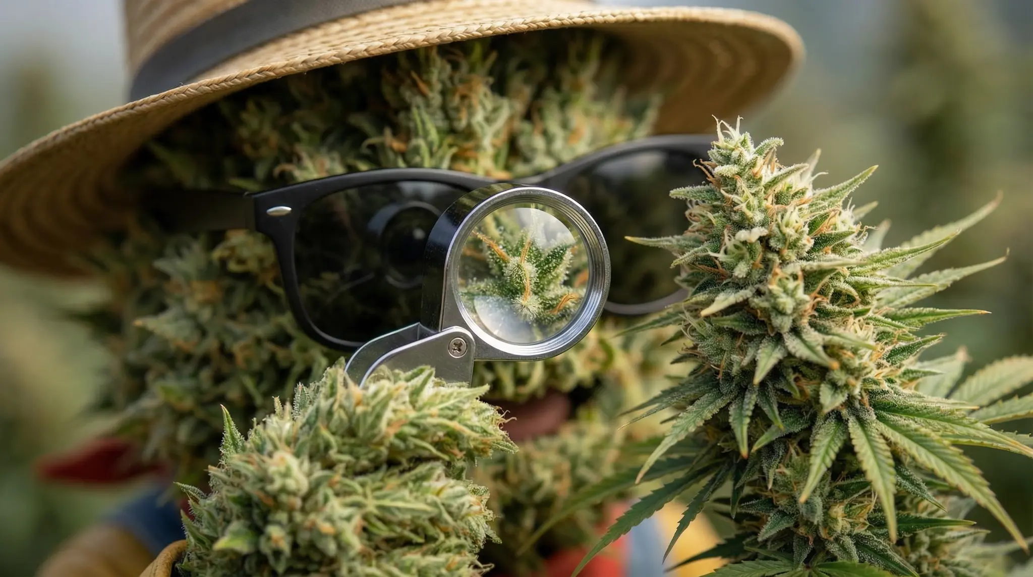 Examen à la loupe des trichomes d'une fleur CBD outdoor pour déterminer le moment de récolte