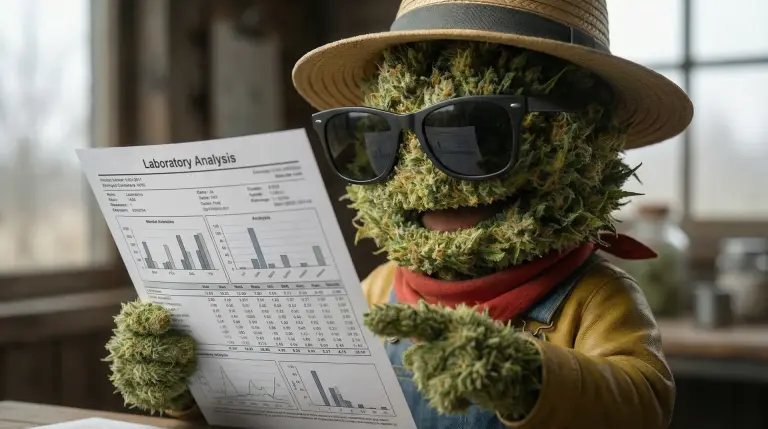 Producteur CBD Widaki lisant un certificat d'analyse COA de fleurs de CBD outdoor