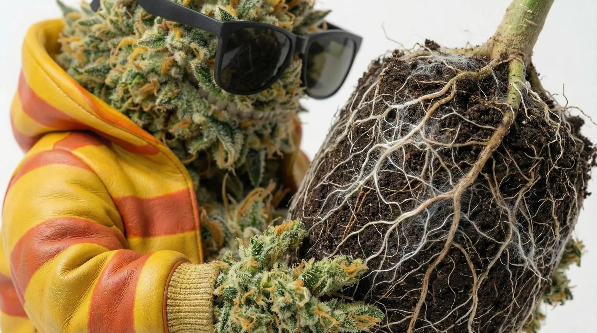 Racines de chanvre CBD colonisées par les mycorhizes dans un sol vivant outdoor à Widaki