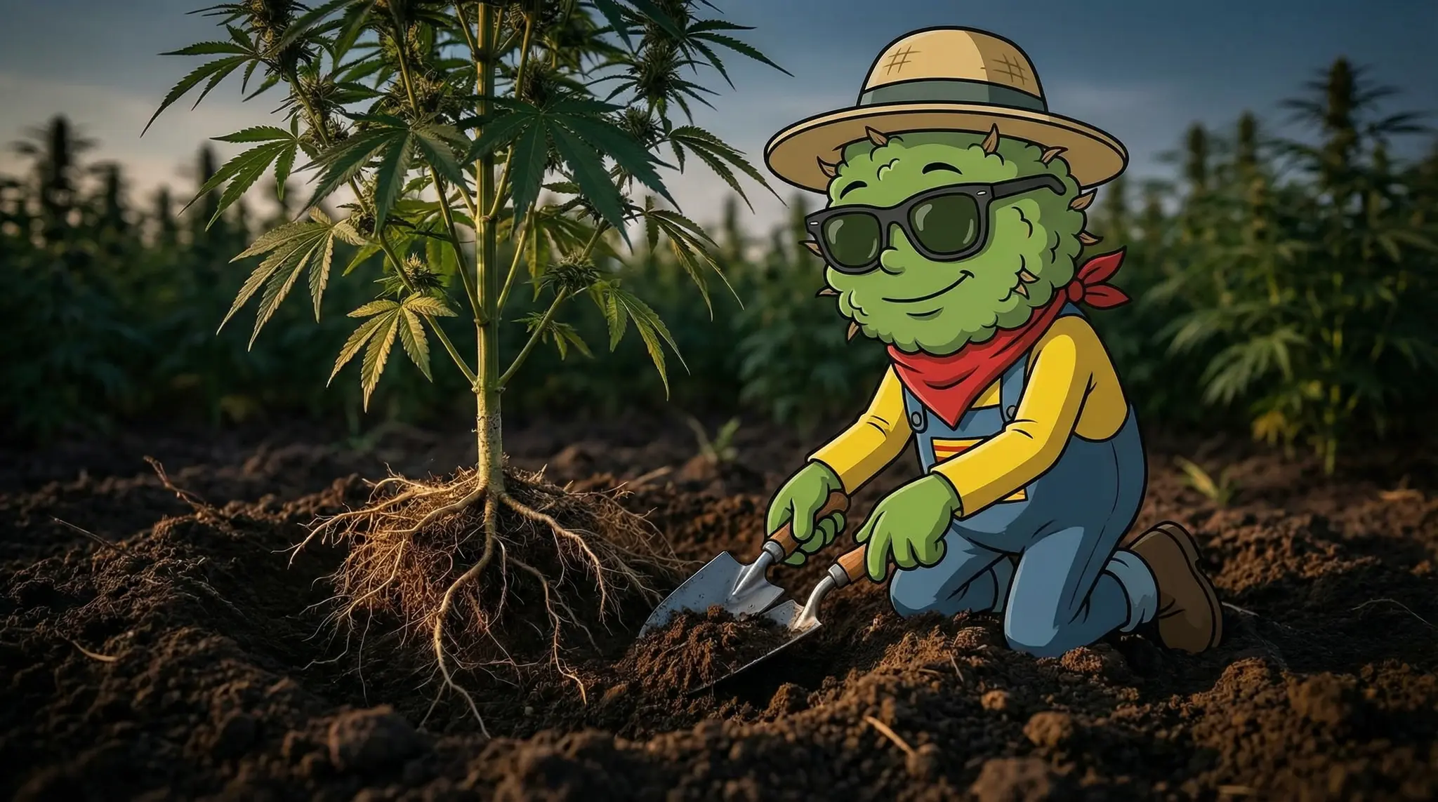 Racines de chanvre CBD colonisées par les mycorhizes dans un sol vivant outdoor à Widaki