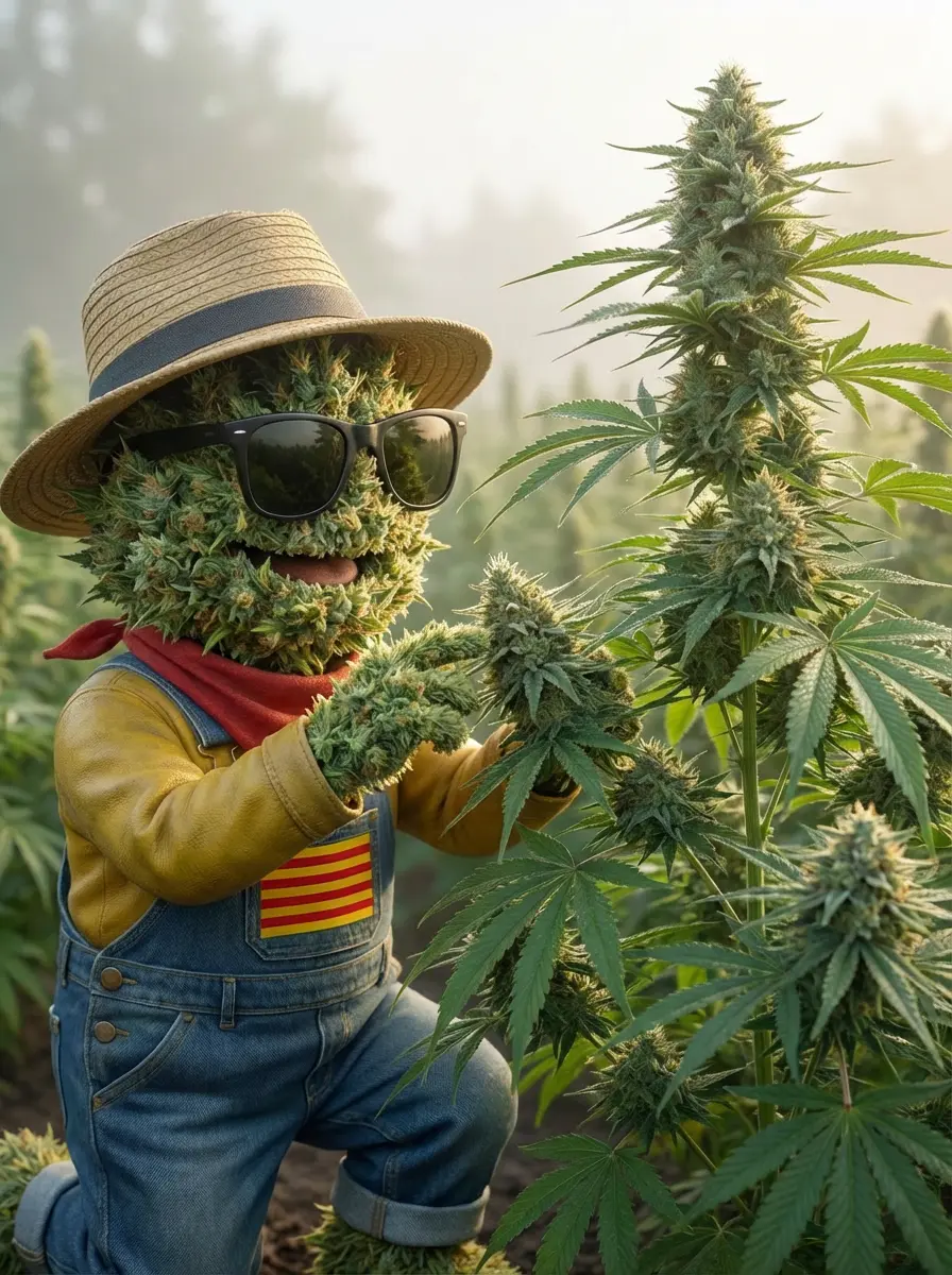 Producteur Widaki inspectant la maturité d'une fleur de chanvre CBD outdoor avant récolte