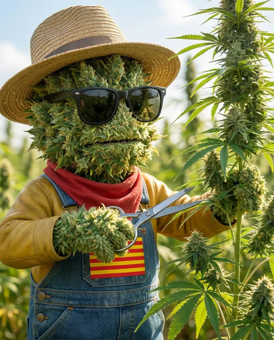 Producteur observant les trichomes d'une fleur de CBD au microscope sans fil en plein champ catalan