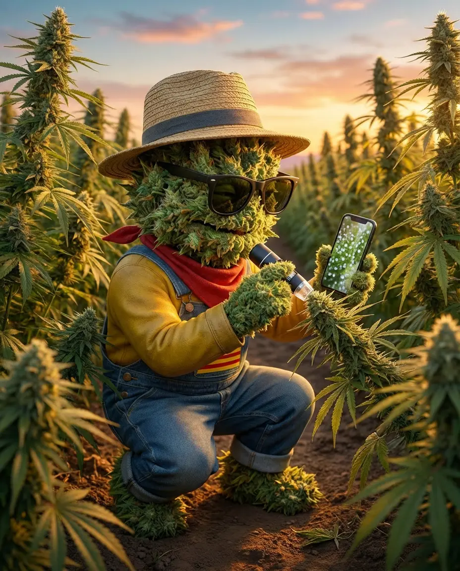 Producteur observant les trichomes d'une fleur de CBD au microscope sans fil en plein champ catalan
