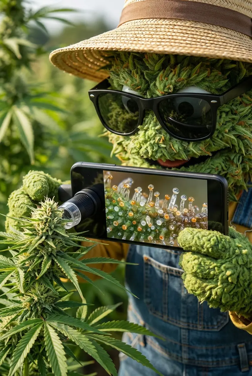 Producteur inspectant les trichomes glandulaires du chanvre CBD avec microscope sans fil à Perpignan