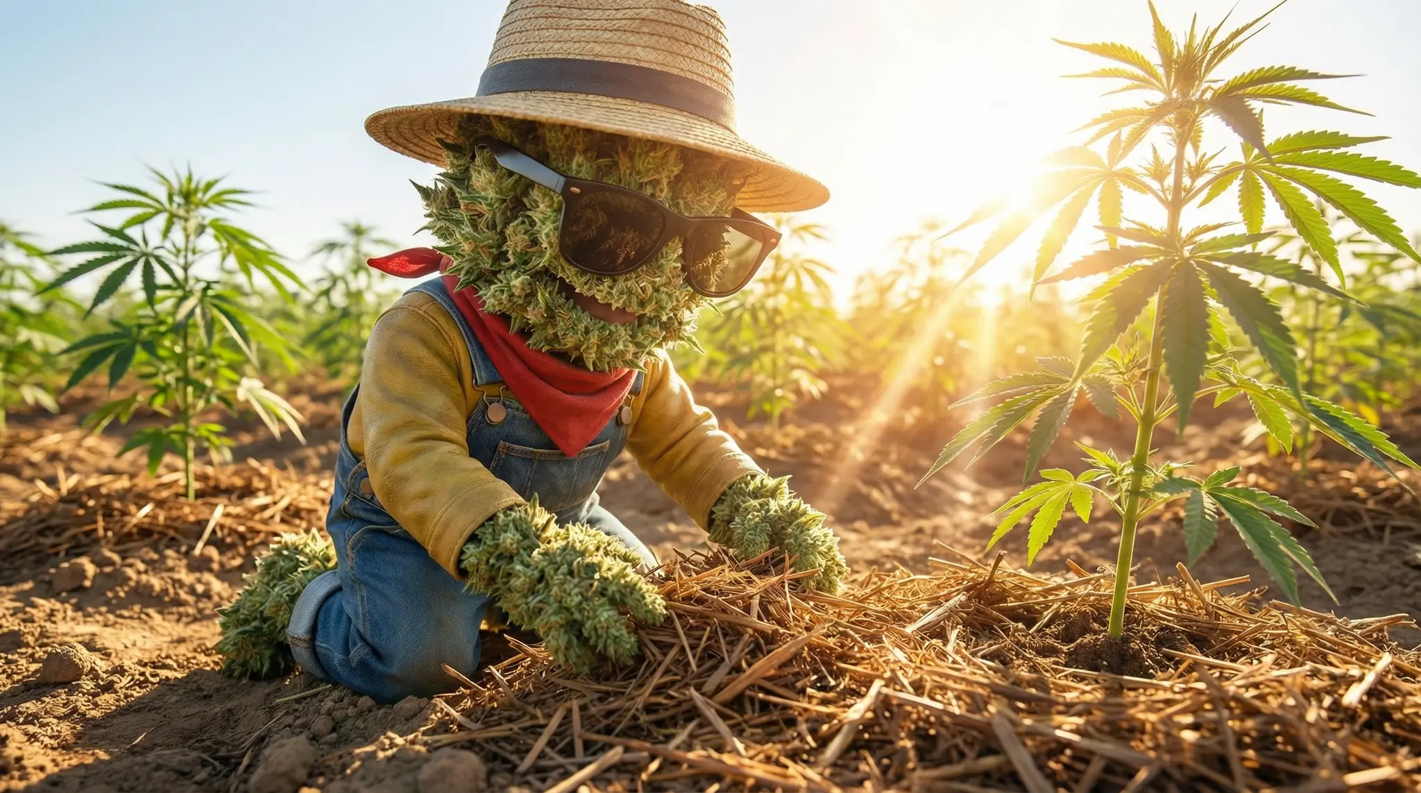 Pose de paillage naturel autour des plants de chanvre CBD outdoor sur sol vivant à Widaki