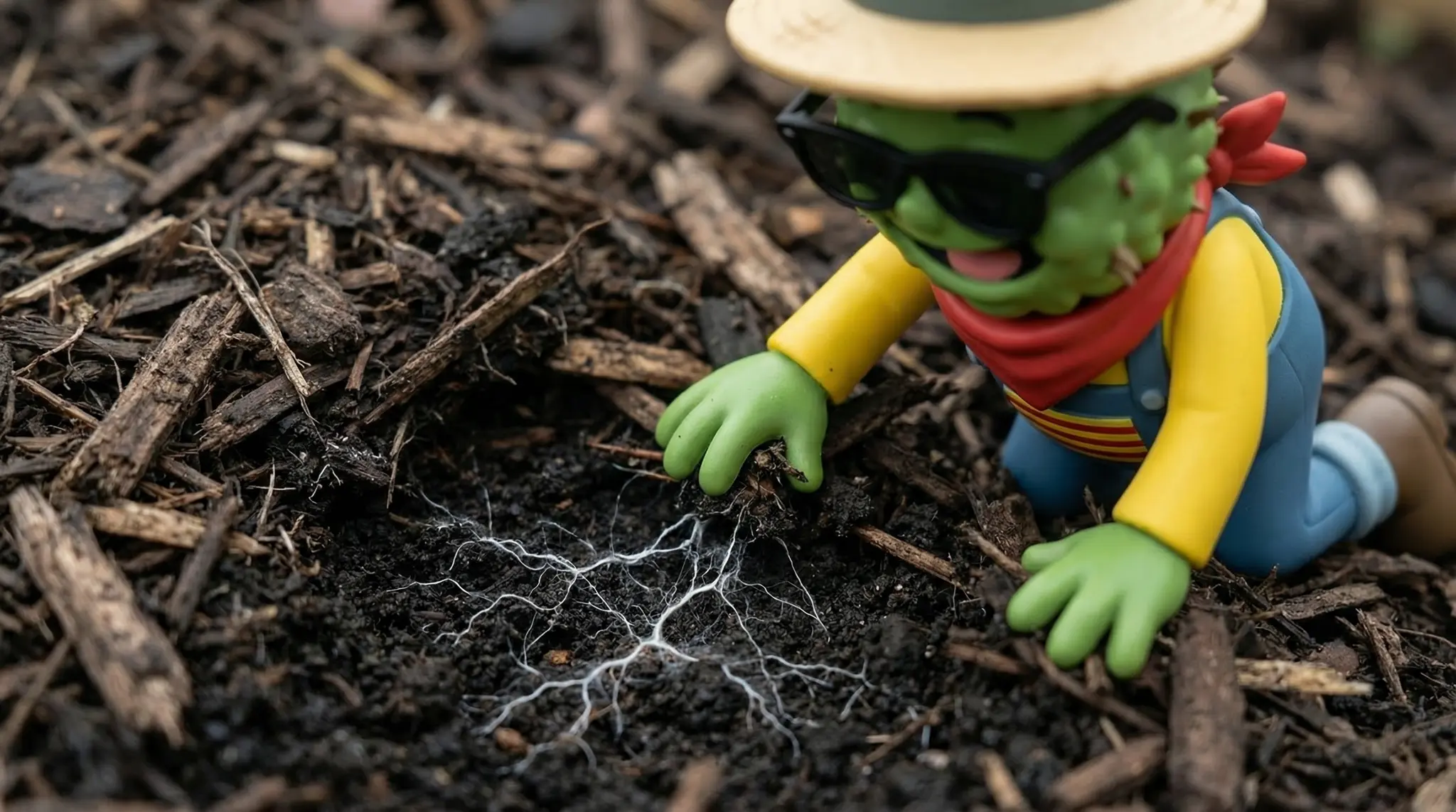 Pose de paillage naturel autour des plants de chanvre CBD outdoor sur sol vivant à Widaki