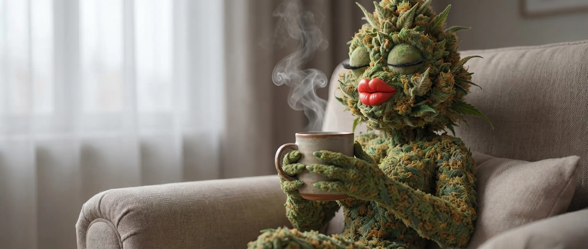 Moment de bien-être avec infusion de fleurs de CBD Widaki, mains autour d'un mug fumant