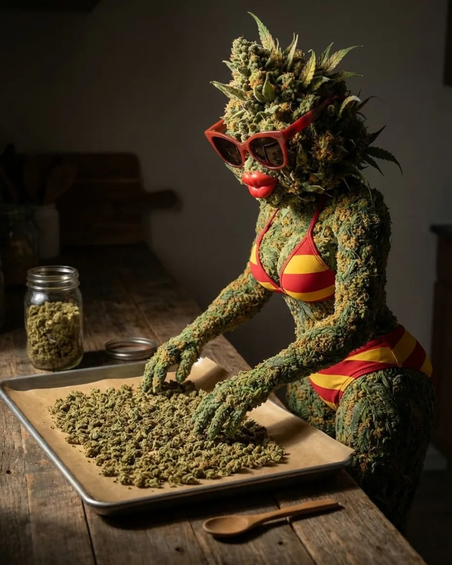 Le personnage prépare les fleurs à leur décarboxylation au four