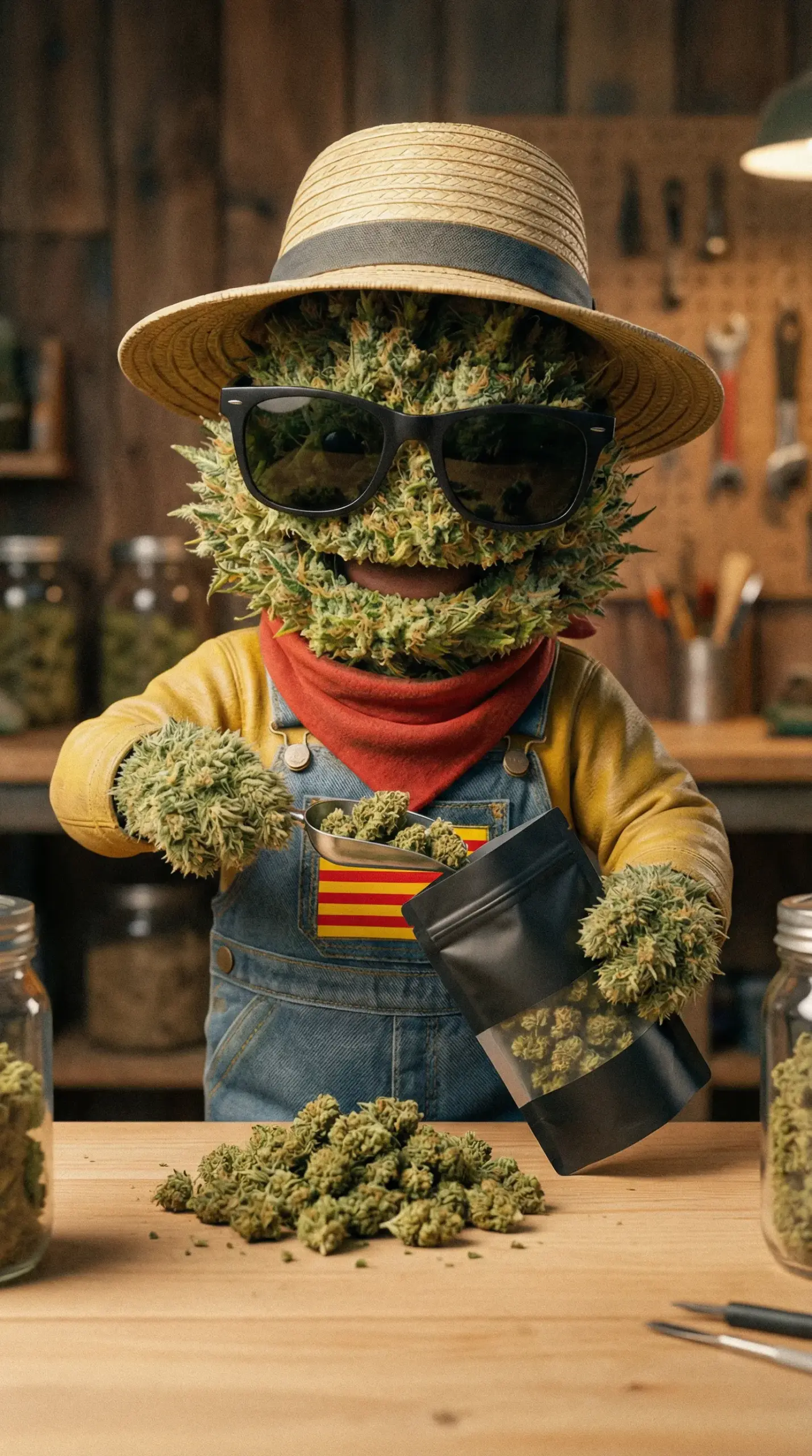 Producteur Widaki remplissant un pochon de fleurs de CBD au moment de la vente pour une fraîcheur maximale