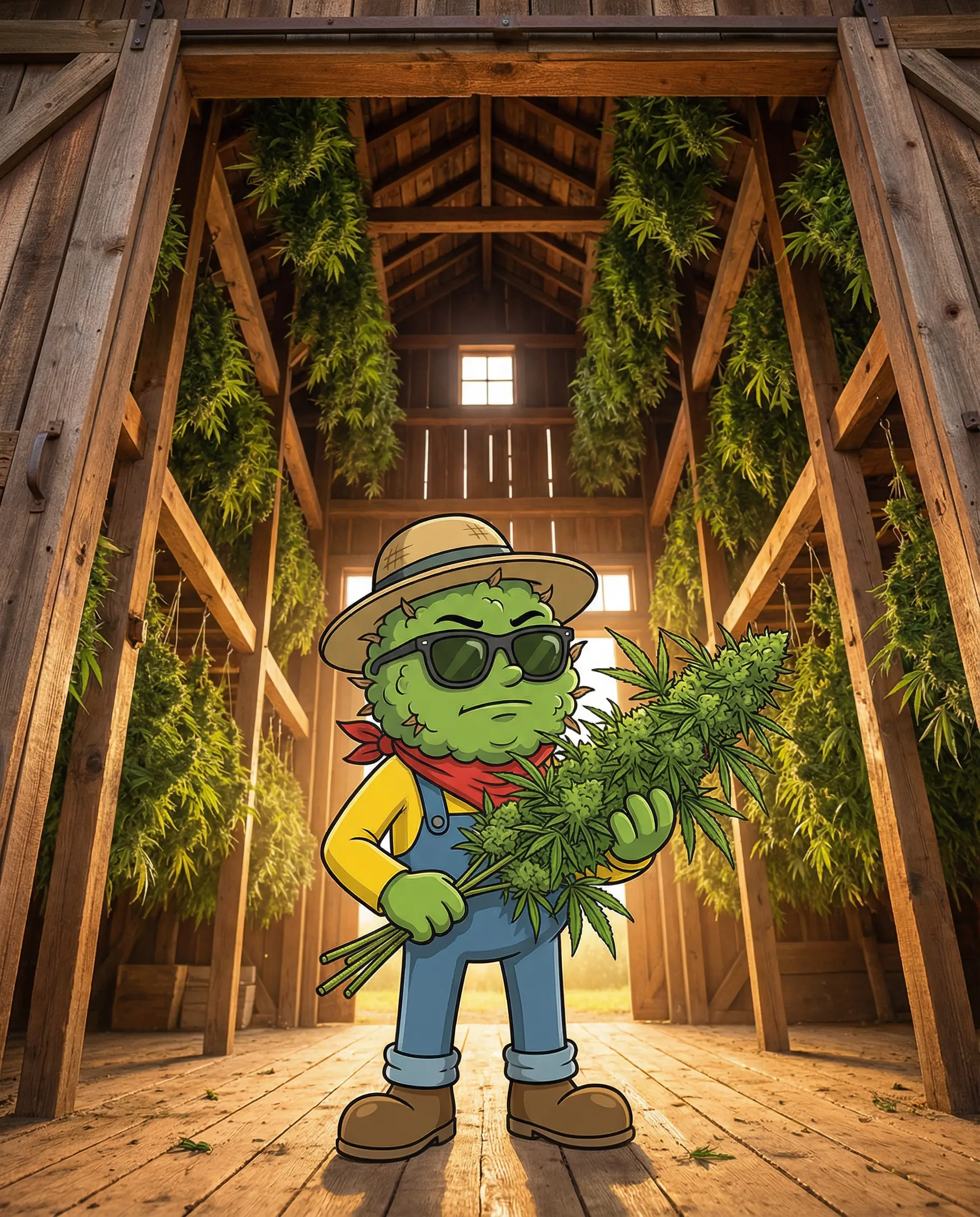 Producteur Widaki tenant une branche de chanvre CBD fraîchement récoltée avant séchage