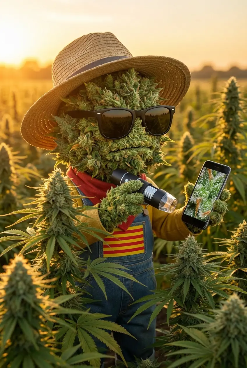 Producteur Widaki observant les trichomes laiteux d'une fleur de CBD avant récolte dans les Pyrénées-Orientales