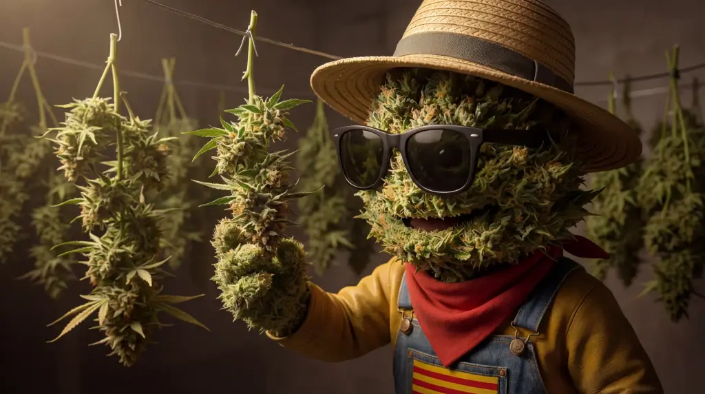 Producteur inspectant des fleurs de CBD en séchage suspendu dans un espace dédié obscur