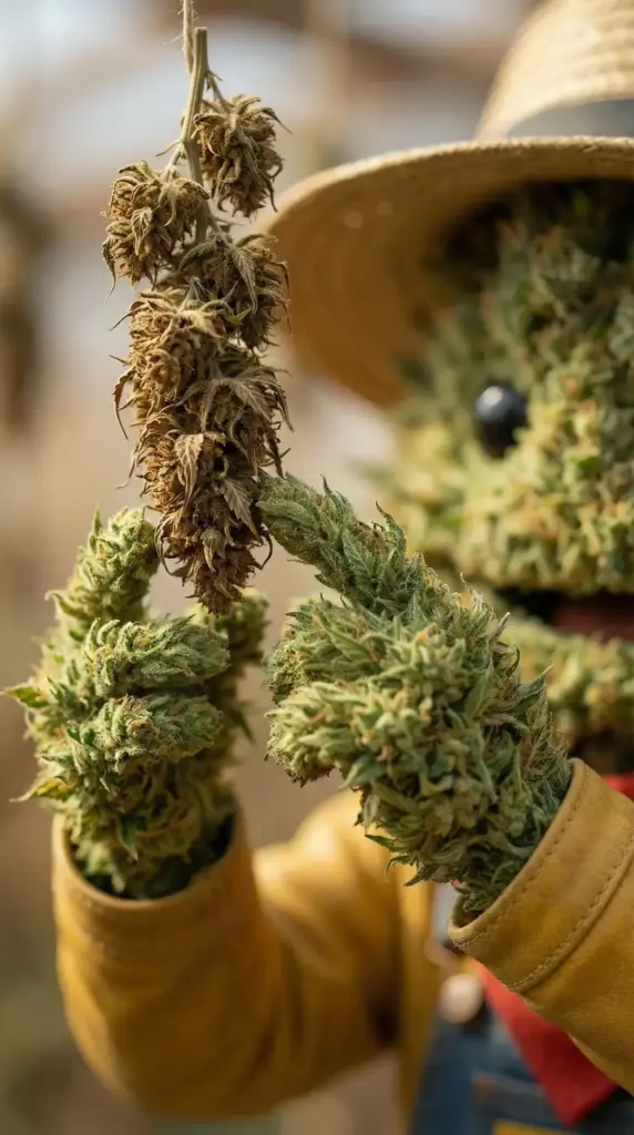 Fleur de CBD en séchage suspendu dans l'espace de séchage hermétique de la ferme Widaki