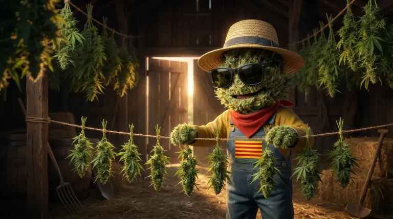 Producteur CBD Widaki suspendant des branches de chanvre dans son espace de séchage artisanal à obscurité totale