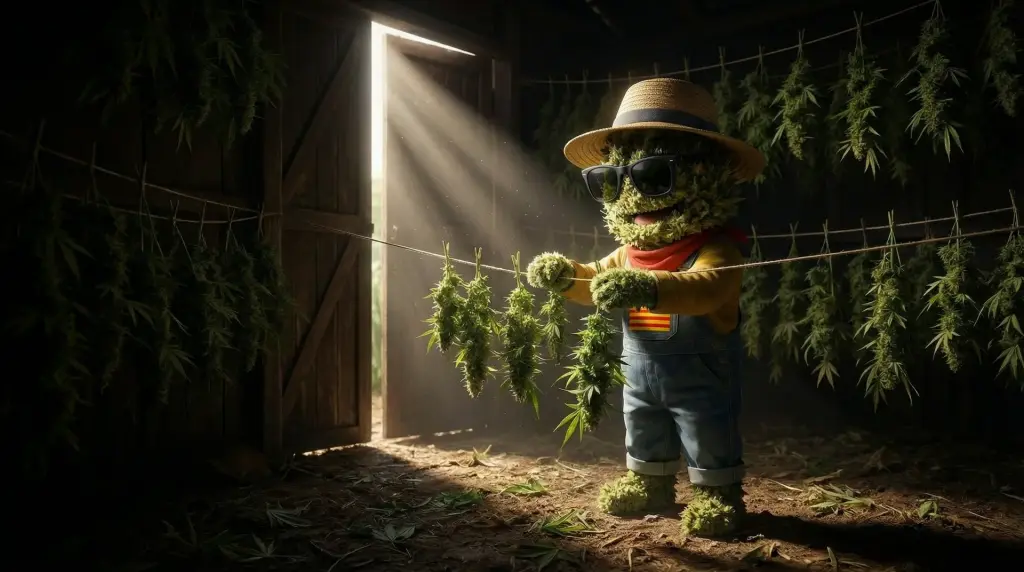 Producteur suspendant des fleurs de CBD pour séchage lent en obscurité totale