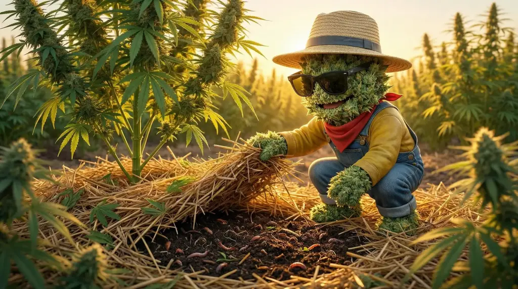 Producteur inspectant le sol vivant sous le paillage naturel d'une parcelle de chanvre CBD outdoor