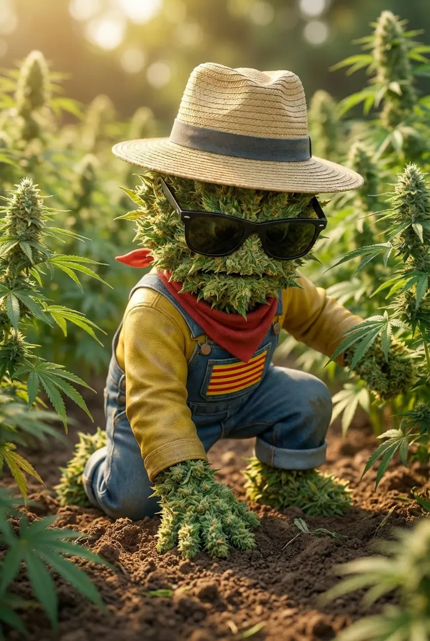 Producteur Widaki main posée sur sol vivant entre rangs de chanvre CBD outdoor Perpignan
