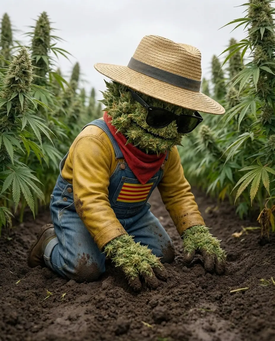 Producteur examinant la qualité du sol vivant entre les rangs de chanvre CBD en plein champ