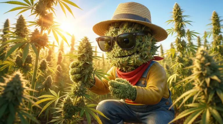 Producteur Widaki inspectant une fleur de CBD outdoor riche en terpènes sous le soleil de Perpignan