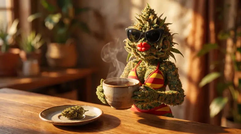 Tisane de CBD préparée avec des fleurs séchées outdoor, tasse fumante entre les mains, lumière dorée catalane.