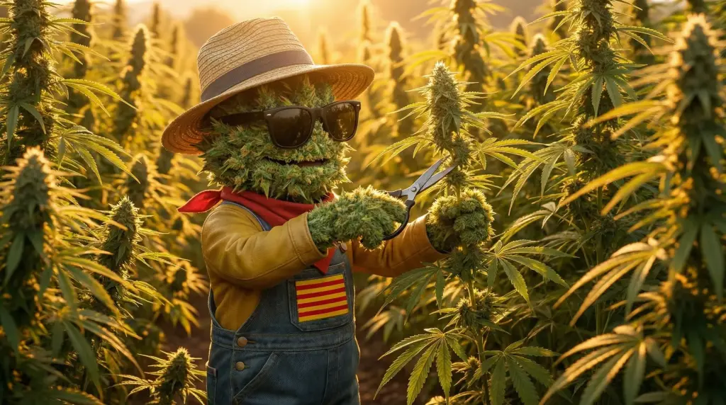 Producteur effectuant le topping d'un plant de chanvre CBD en plein champ outdoor Perpignan