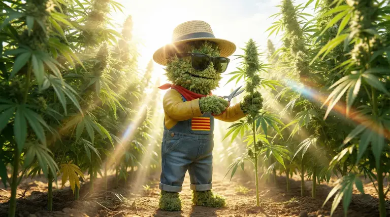 Producteur inspectant un pied de chanvre CBD outdoor avant le topping, plein champ catalan