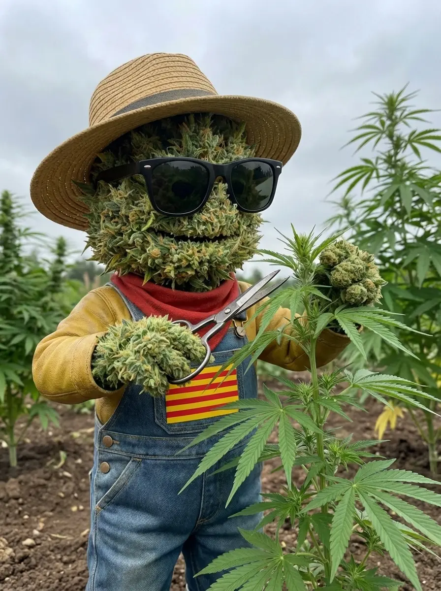 Producteur examinant le point de topping d'un plant de chanvre CBD en pleine terre