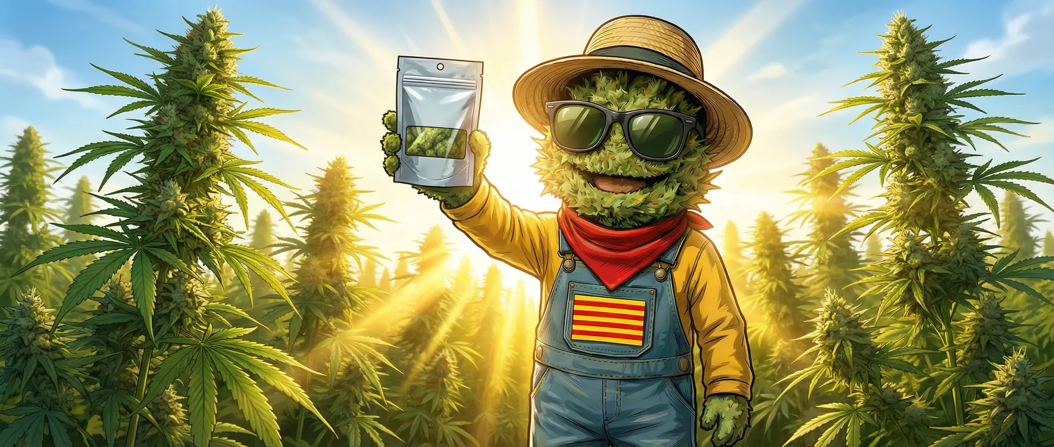 Producteur Widaki présentant un pochon de fleurs CBD avec QR code COA dans son champ outdoor